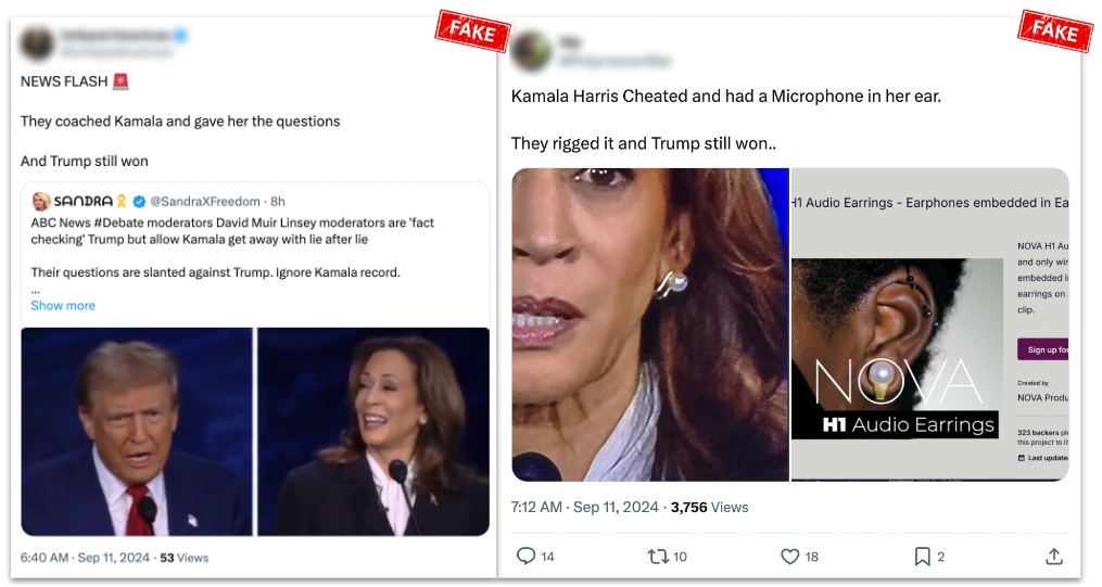 Collage of two social media posts spreading false claims that Kamala Harris was given debate questions in advance and used a hidden earpiece, each overlaid with a red FAKE label