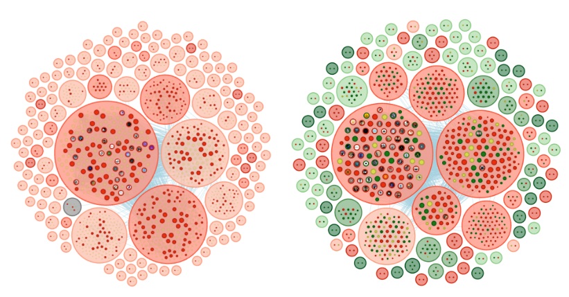 Side-by-side circular cluster charts comparing social media engagement around DeepSeek; left diagram mostly red circles signifying suspicious or bot-like activity, right diagram showing a mix of red and green circles after filtering, illustrating the impact of fake profiles on conversation sentiment