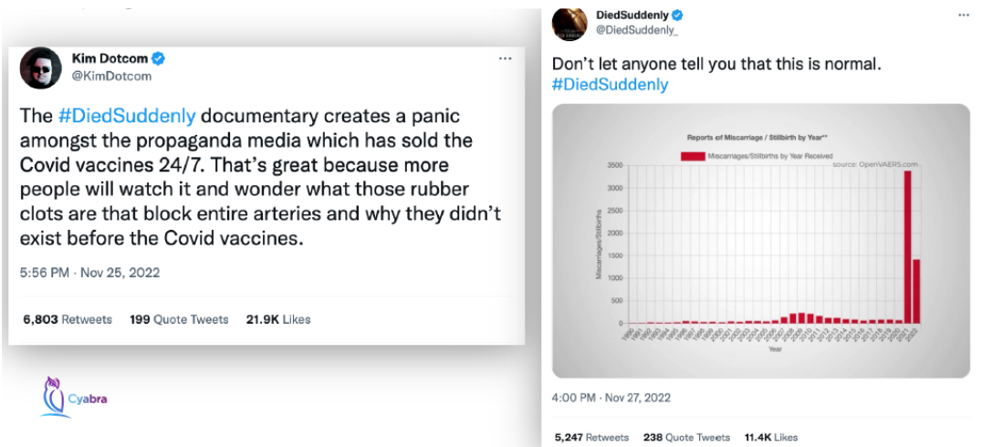 Side-by-side tweets from November 2022 spreading the #DiedSuddenly narrative: Kim Dotcom alleges Covid vaccines cause new rubber-like blood clots, while the DiedSuddenly_ account claims miscarriages aren’t normal and displays a bar chart with a dramatic spike in reports.