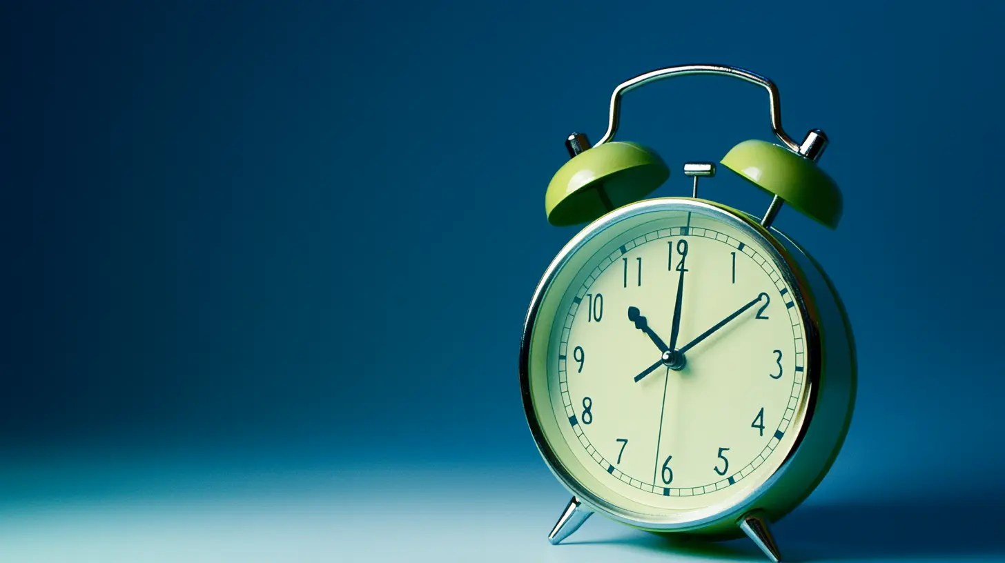 green twin-bell alarm clock against a blue gradient background, evoking urgency in detecting disinformation for brand protection