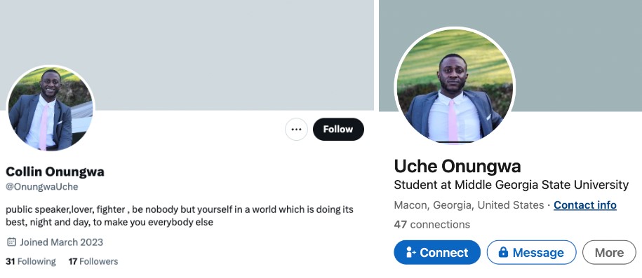 Side-by-side view of two social media profiles on different platforms using the same headshot of a man in a suit but showing different names, illustrating a potential impersonation threat