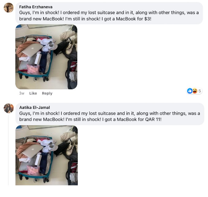 Two nearly identical Facebook comments from different users boast that a purchased lost suitcase contained a brand-new MacBook for only a few dollars, hinting at a luggage scam