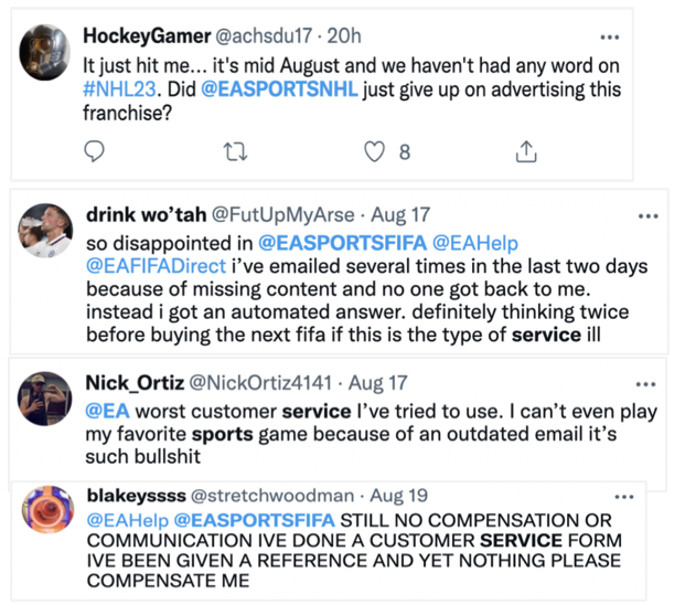 Compilation of August 2022 tweets from gamers expressing frustration with EA Sports and FIFA 23 over lack of communication, missing content and poor customer service