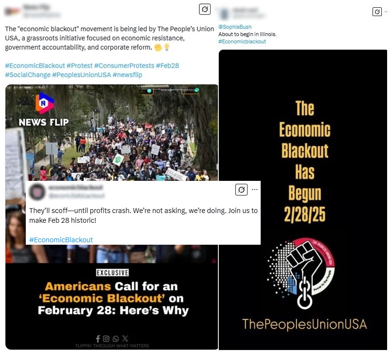 Collage of social media posts promoting an economic blackout on February 28, 2025, featuring a large protest crowd, text declaring “The Economic Blackout Has Begun 2/28/25,” and hashtags supporting the movement