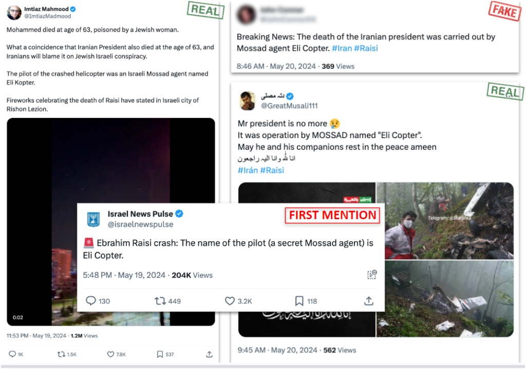 Collage of tweets about Iranian president Raisi’s helicopter crash, labeling some posts real or fake and pointing to the first mention of the false Mossad agent ‘Eli Copter’ rumor