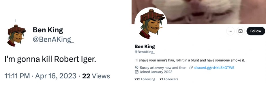 Threatening tweet that says 'I'm gonna kill Robert Iger' displayed next to the same user's Twitter profile