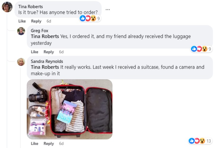 Facebook comments in which two users claim they successfully ordered unclaimed airport luggage and show a photo of an opened suitcase containing a camera, books, clothes and cosmetics