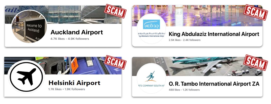 Four fake Facebook pages impersonating Auckland, King Abdulaziz, Helsinki and O. R. Tambo airports, each marked with a red SCAM stamp