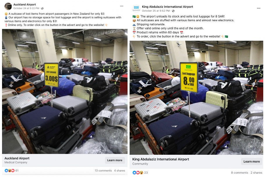 Side-by-side Facebook ads showing piles of suitcases stacked in a storage area with yellow signs promoting cheap lost-luggage sales allegedly from Auckland Airport and King Abdulaziz International Airport