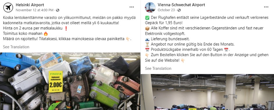 Side-by-side Facebook ads falsely posing as Helsinki Airport and Vienna-Schwechat Airport, each promoting cheap sales of unclaimed luggage and showing stacks of assorted suitcases in storage areas