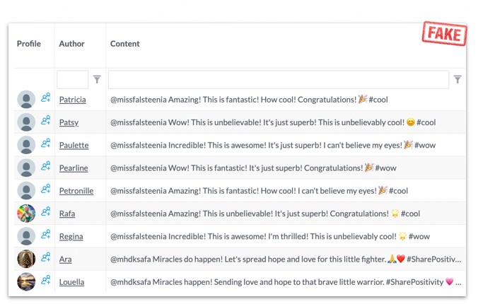 Table showing multiple social media profiles each posting nearly identical enthusiastic congratulatory messages, illustrating coordinated fake influencer activity
