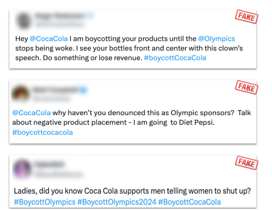 Three fabricated tweets calling for a Coca-Cola boycott over Olympic sponsorship, each marked with a red FAKE stamp