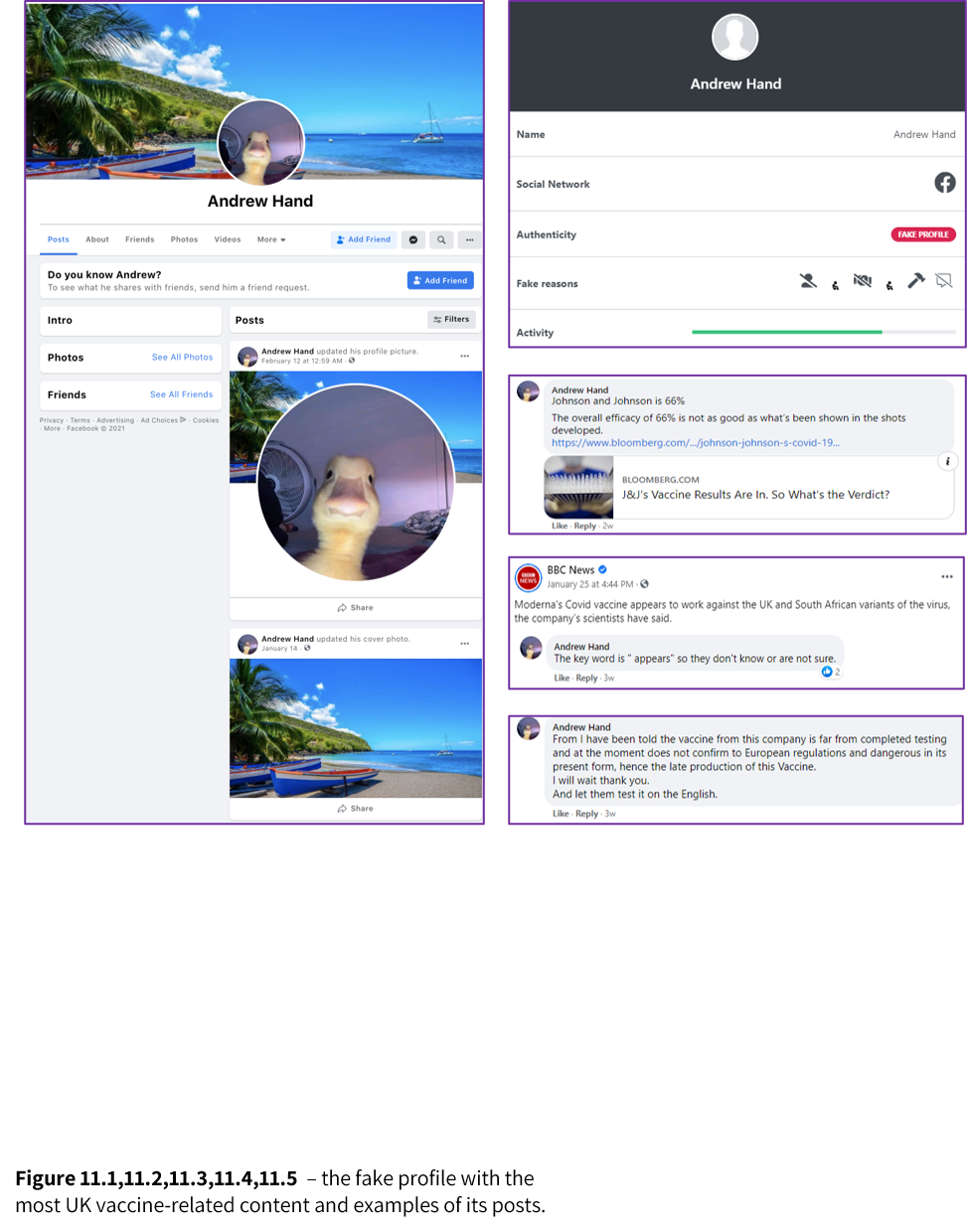 Composite view showing a Facebook profile for Andrew Hand with a beach cover photo and duck avatar next to an analysis panel marking the account as fake and highlighting posts that spread COVID-19 vaccine misinformation
