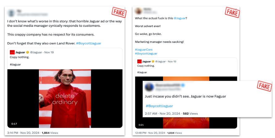 Composite showing fabricated X posts labeled fake that criticize Jaguar’s advert and call for #BoycottJaguar