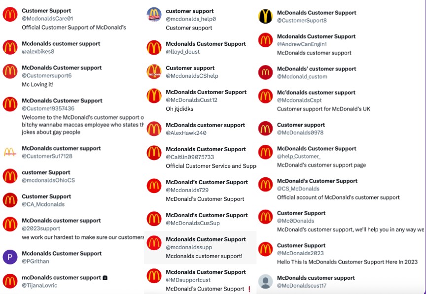Grid of multiple Twitter profiles labeled as McDonald’s customer support, many displaying the McDonald’s logo and similar usernames, highlighting impersonation
