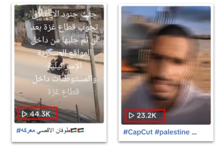 Two TikTok video thumbnails side by side, each displaying Arabic text overlays and view counts of 44.3K and 23.2K, representing pro-Hamas content spreading online