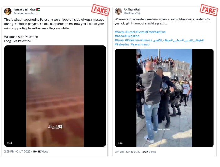 Side-by-side screenshots of two tweets about Al-Aqsa violence, each stamped with the word FAKE, highlighting misinformation shared during the Israel-Hamas conflict