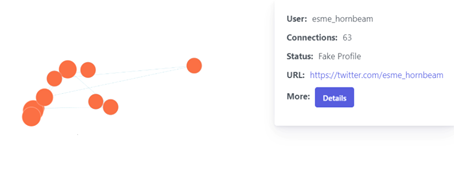 Network visualization highlighting a fake Twitter account named esme_hornbeam with 63 connections