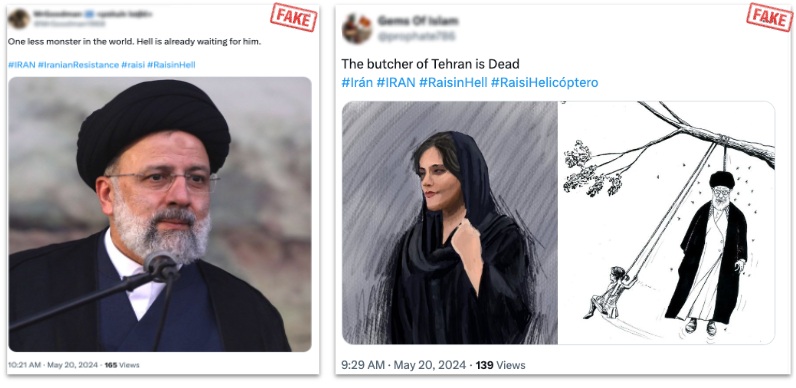 Side-by-side view of two fabricated X posts celebrating Iranian president Ebrahim Raisi’s reported death; the left post features a photo of Raisi behind a microphone with hostile text, the right post pairs an illustration of a woman in black and a satirical cartoon of Raisi hanging from a branch, both posts stamped with a red 'FAKE' label