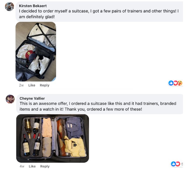 Two social media comments featuring photos of open suitcases packed with assorted items, portraying positive reviews that promote a suspicious luggage mystery-box offer