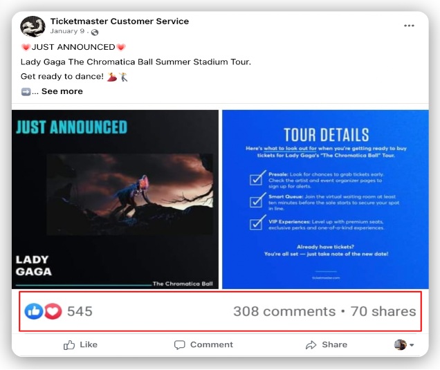 Facebook post by a bogus “Ticketmaster Customer Service” page promoting Lady Gaga’s “The Chromatica Ball” tour, including promotional graphics and engagement numbers of 545 reactions, 308 comments and 70 shares