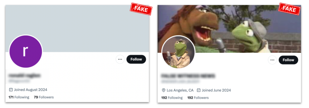 Side-by-side comparison of two fraudulent X profiles marked with red FAKE stamps, one with a generic purple initial avatar and one using Kermit the Frog images, illustrating disinformation accounts highlighted in the US election tracker article