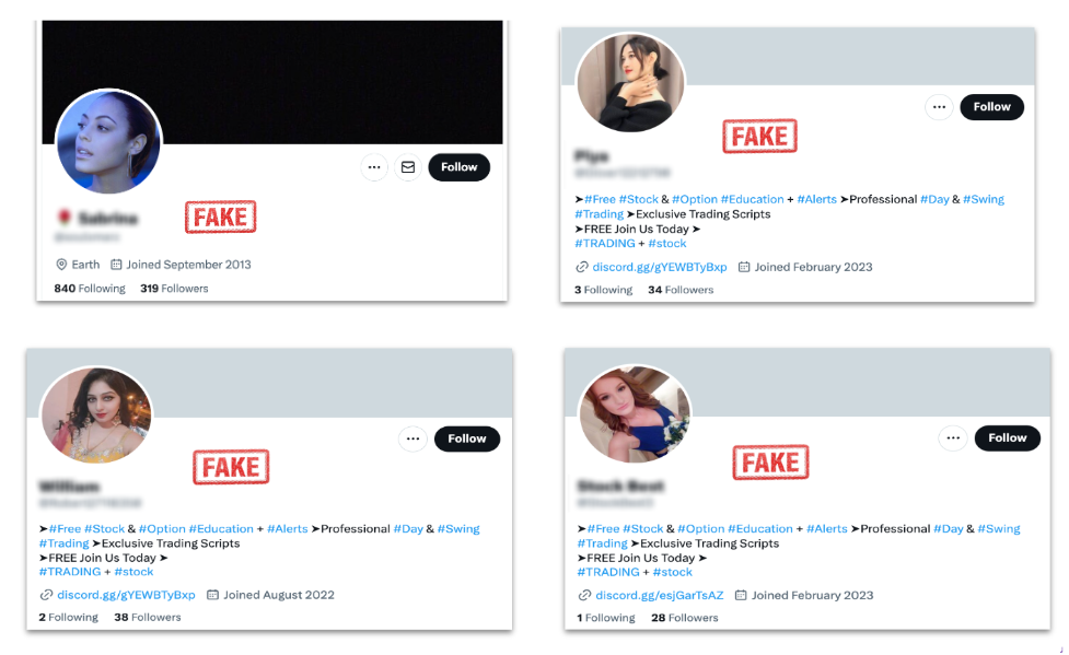 Composite of four Twitter profile screenshots, each stamped with a red “FAKE” label to illustrate fraudulent stock-trading accounts identified in Cyabra’s research