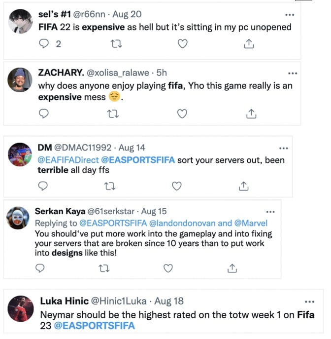 Series of tweets from different users criticizing the FIFA video game for being expensive, having broken servers, and lacking gameplay improvements