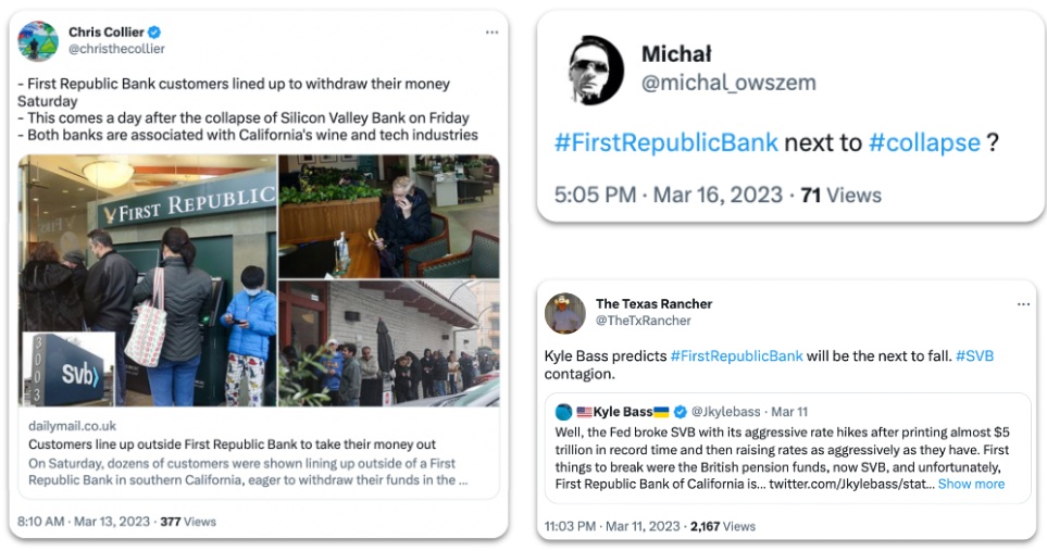 Collage of tweets speculating about First Republic Bank’s potential collapse, featuring images of customers lining up outside a branch and commentators predicting the bank will be the next to fail