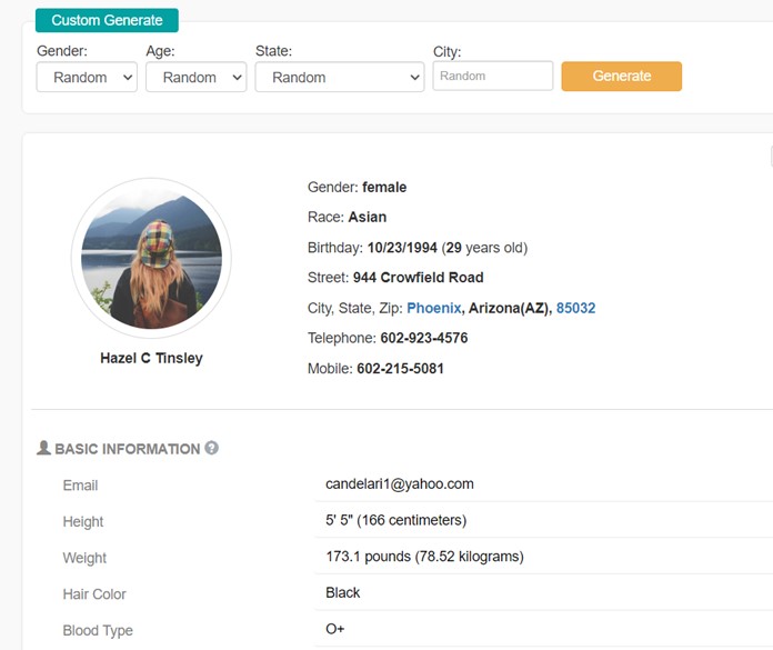 Web interface showing a randomly generated identity profile with a female avatar photo and detailed personal information fields
