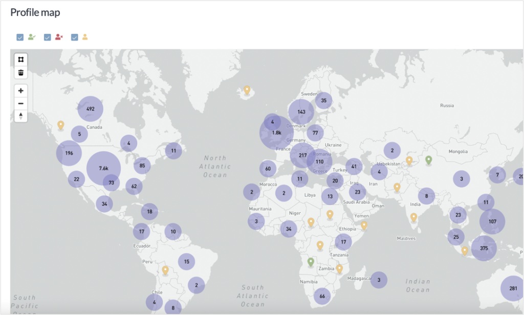 World map showing the geographic concentration of social media profiles discussing Roe v. Wade, with larger purple circles indicating higher activity across North America, Europe, and parts of Asia