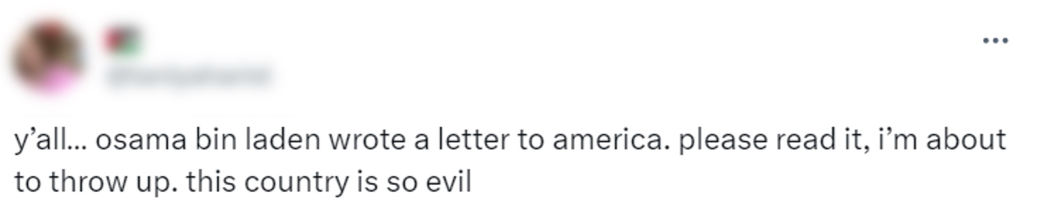 Tweet showing user’s blurred profile image and text that reads, “y’all... osama bin laden wrote a letter to america. please read it, i’m about to throw up. this country is so evil”