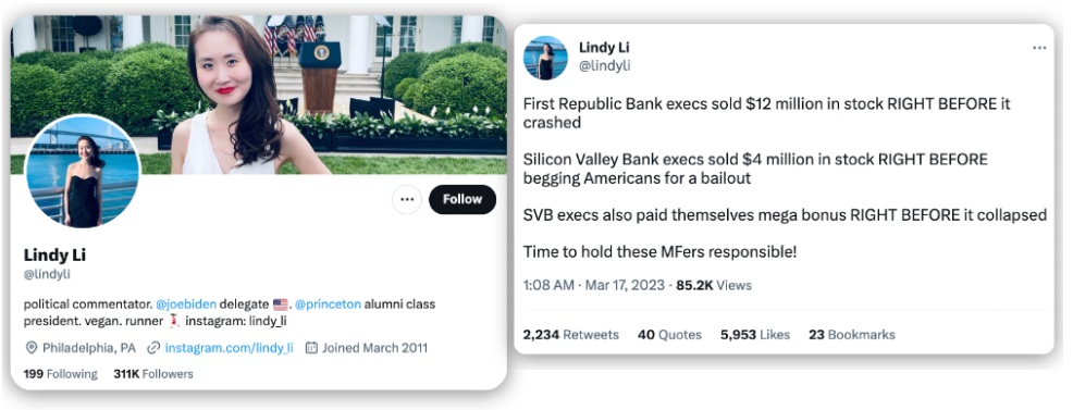 Twitter profile of political commentator Lindy Li with a tweet alleging First Republic Bank executives sold  million in stock before the crash, Silicon Valley Bank executives sold  million and paid themselves bonuses before collapse, and calling for them to be held responsible