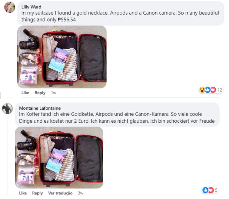 Facebook comments where users boast about buying unclaimed luggage for a small sum and show a photo of an open suitcase containing a camera, clothes, a book, AirPods, cash and other valuables
