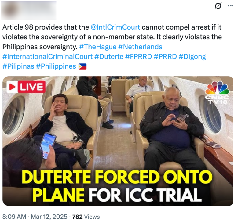 Tweet depicting a claim that a former Philippine leader was forced onto a plane for an ICC trial, with a photo of several men seated inside a private jet and a bold yellow headline overlaid