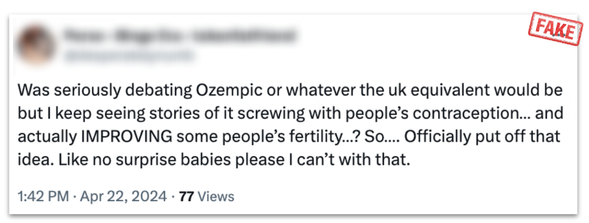 Social media post stating Ozempic affects contraception and fertility, overlaid with a red FAKE label