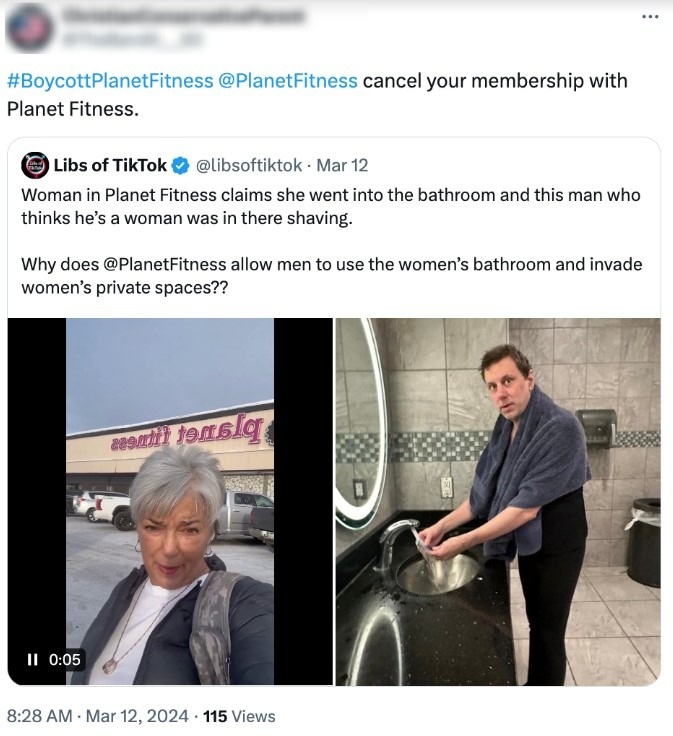 Social media post with hashtag #BoycottPlanetFitness urging cancellation of Planet Fitness memberships, featuring an embedded tweet questioning the gym’s bathroom policy and showing video stills of a woman outside a Planet Fitness gym and a man in a bathroom with a towel