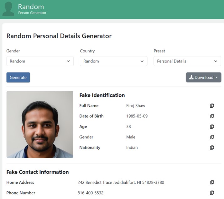 Interface of a random personal details generator showing a male portrait and generated fake identification details, including name, birth date, age, gender, nationality, address and phone number
