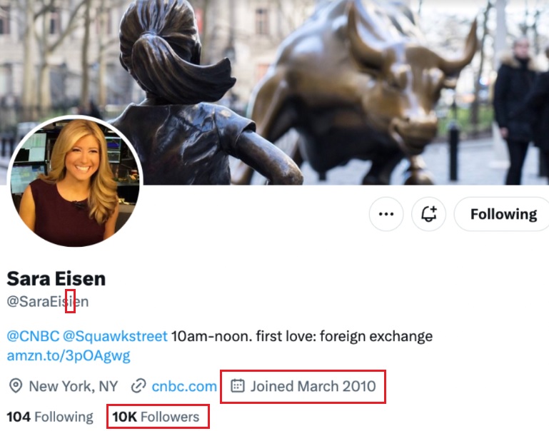 Social media profile page showing a smiling woman’s avatar, user bio with links, follower count of 10K, join date March 2010, and a banner of the Fearless Girl statue facing the Charging Bull