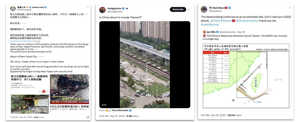 Collage of three Twitter posts: the first discusses a shooting in New Taipei with photos of a crime scene, the second questions if China is about to invade Taiwan with a video of trains near high-rise buildings, and the third warns of increased Chinese warplane activity around Taiwan, highlighting online narratives shaping public perception