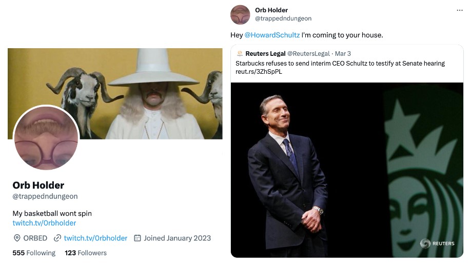 Twitter post by user Orb Holder tagging Howard Schultz with the message 'I’m coming to your house,' accompanied by a Reuters link about Schultz, illustrating a social-media threat toward an executive