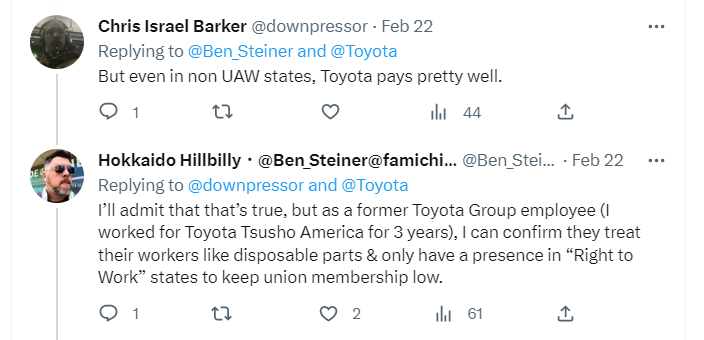 Twitter exchange where one user says Toyota pays well even in non-UAW states, while a self-identified former Toyota employee replies that the company treats workers like disposable parts and operates mainly in Right-to-Work states to keep union membership low