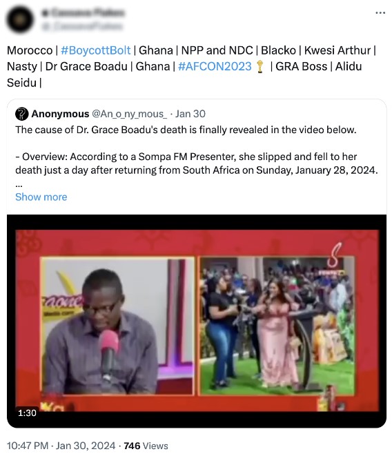 Tweet mentioning Morocco, #BoycottBolt, Ghana politics, musicians, Dr. Grace Boadu and #AFCON2023, with an embedded video and two-panel frame featuring a radio presenter on the left and an outdoor ceremony on the right