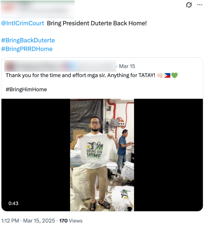 Tweet urging the International Criminal Court to return President Duterte, with hashtags #BringBackDuterte and #BringPRRDHome, and a video thumbnail showing a man holding a white “Bring Him Home” T-shirt featuring Duterte’s face