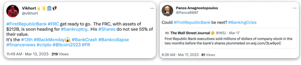 Two tweets discussing First Republic Bank’s possible collapse; left tweet predicts bankruptcy and major share losses, right tweet questions if the bank will be next in the banking crisis and cites a Wall Street Journal report