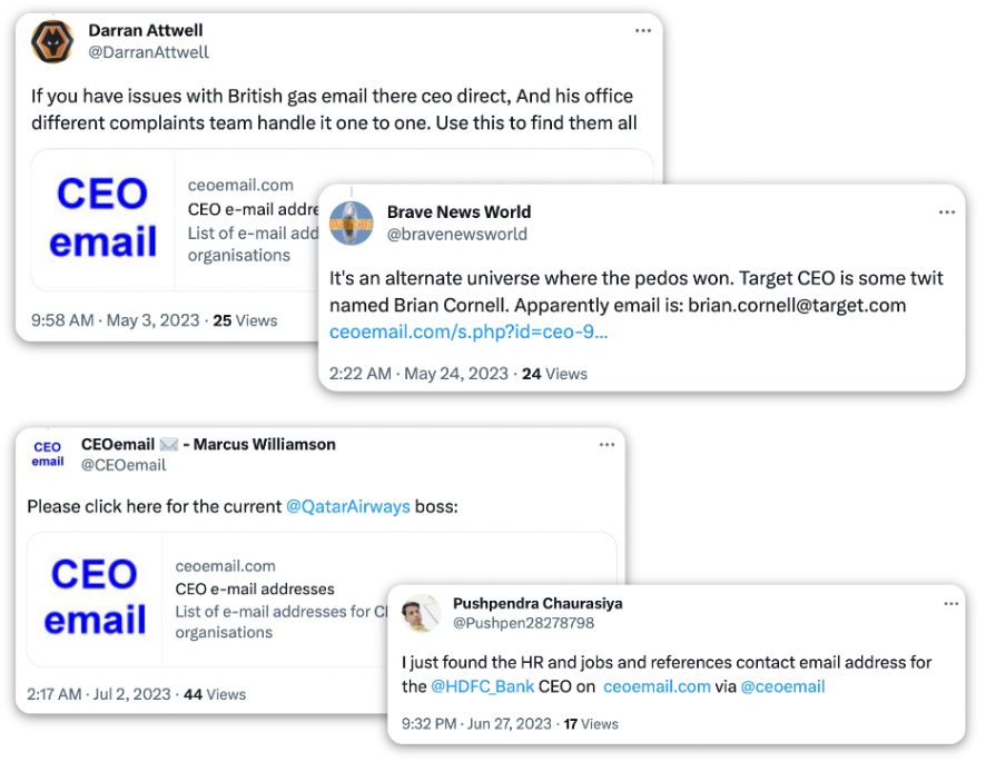 Collage of four tweets where users share links to CEOemail.com, offering direct CEO contact email addresses for companies like British Gas, Target, Qatar Airways, and HDFC Bank