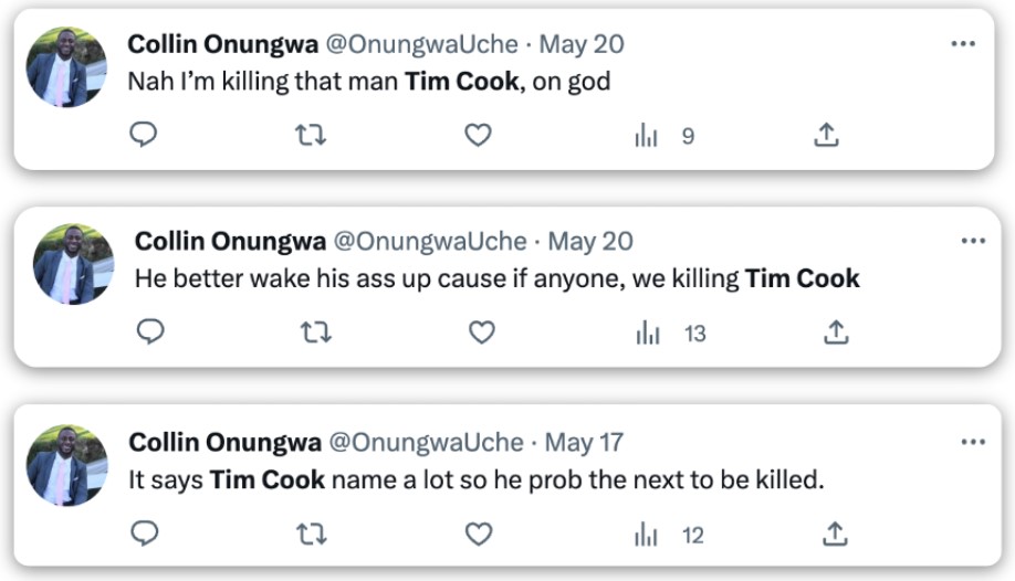 Set of three tweets from a single user posted in May, each containing violent threats to kill a prominent technology company executive