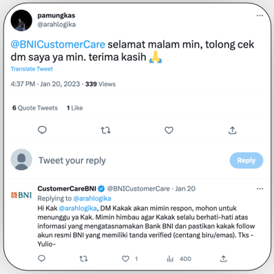 Twitter exchange in Indonesian showing user @arahlogika asking @BNICustomerCare to check their direct message, followed by the verified BNI customer service account replying that they will respond soon and reminding users to only trust verified BNI accounts