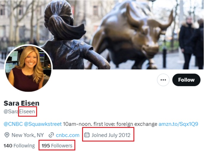Twitter profile claiming to be Sara Eisen featuring a Fearless Girl and Wall Street bull header image, with misspelled handle, only 195 followers, and July 2012 join date highlighted to suggest an impersonation