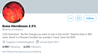 Twitter profile with a flower avatar, follower and following counts, and a bio referencing humanism, media bias, Brexit, and the NHS